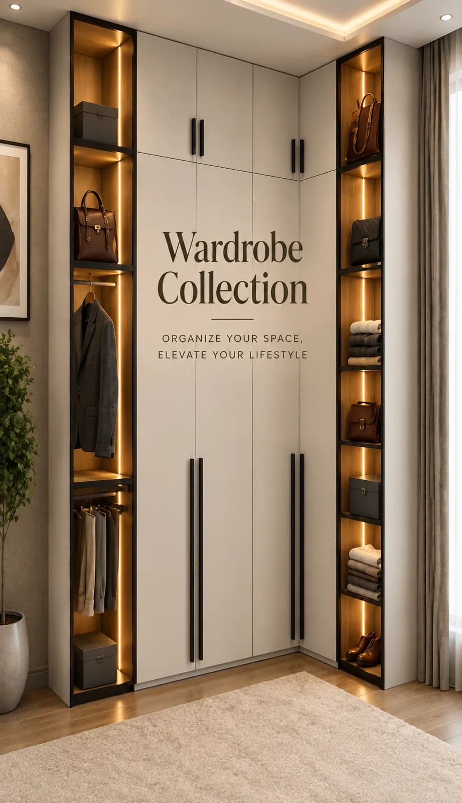 Modern custom wardrobe with illuminated shelves and spacious bedroom storage