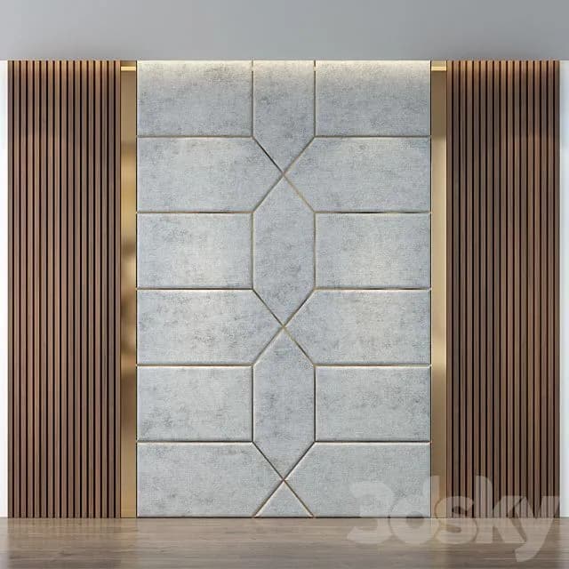 Luxury geometric wall paneling with fluted wood side panels and textured center design