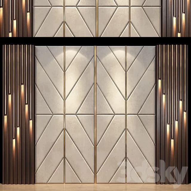Luxury geometric wall panel with fluted wood accents, beige textured panels and integrated LED lighting