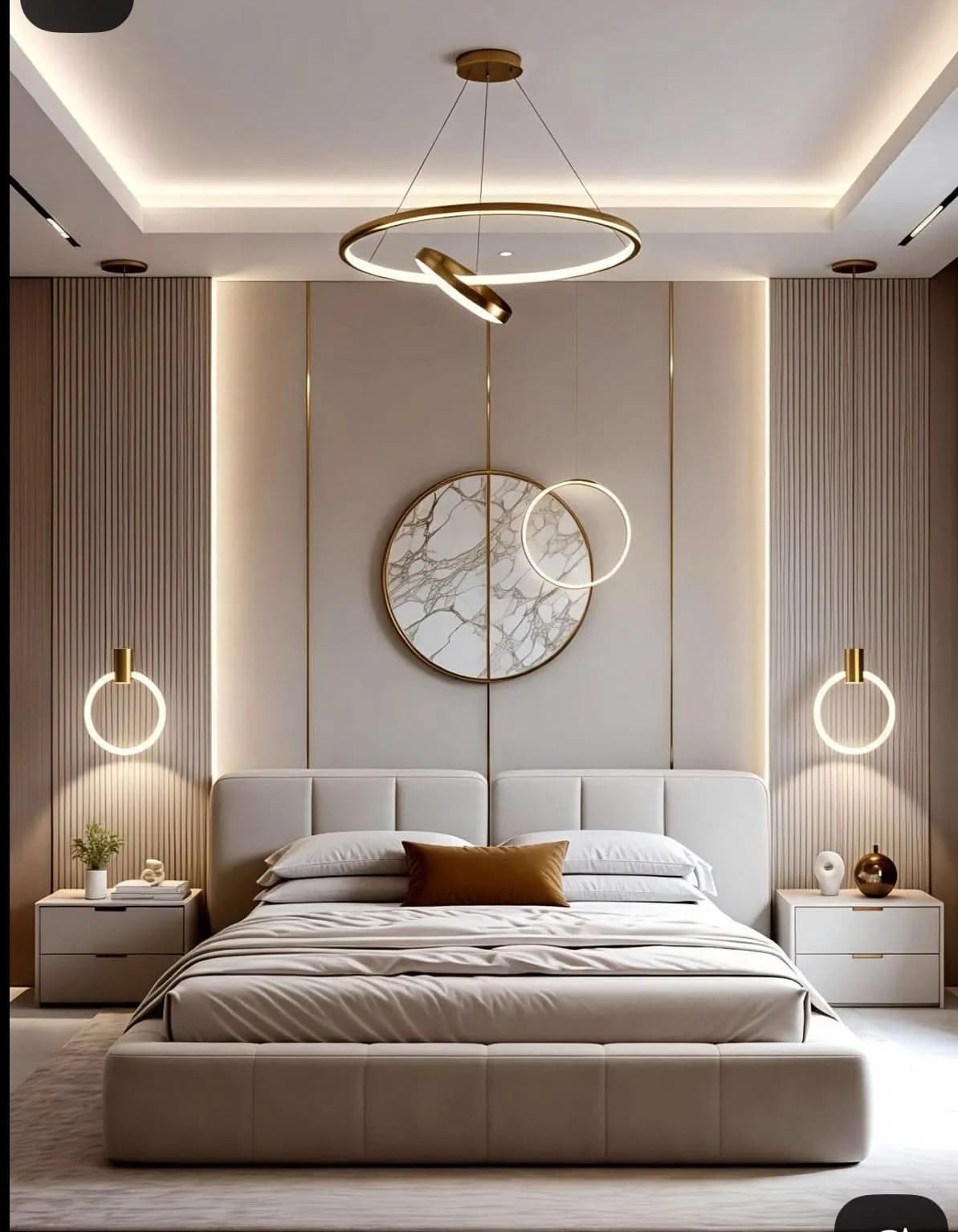 Luxury modern bedroom with fluted wood wall panels, LED lighting, upholstered bed and elegant contemporary decor