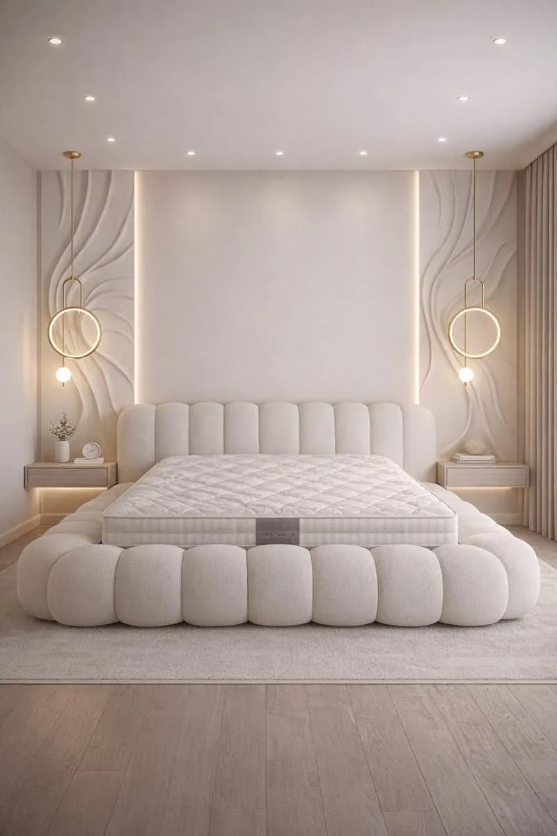 Luxury modern bedroom with 3D textured wall panels, plush upholstered bed, ambient LED lighting and neutral decor