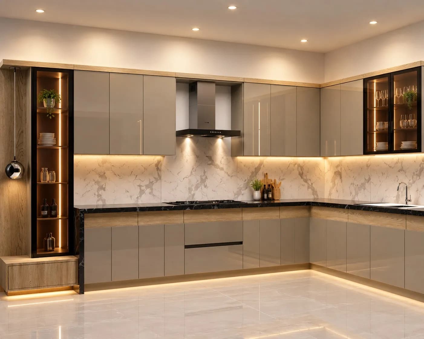Luxury geometric kitchen design with fluted wood side panels and textured center design
