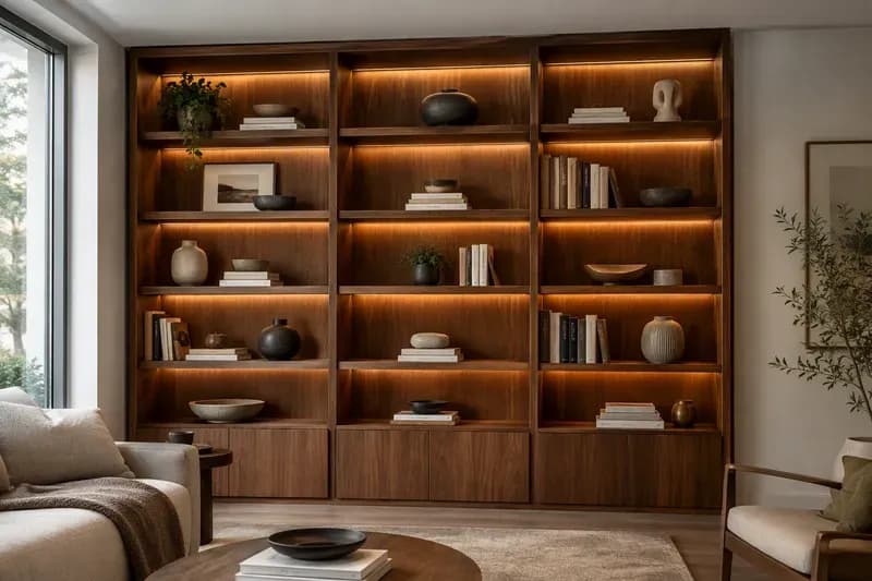 Floor-to-ceiling built-in wood shelving with warm backlighting, books and decorative objects
