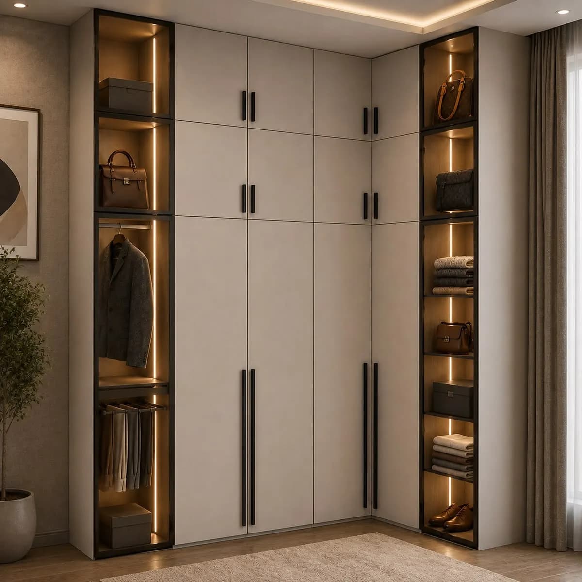 Custom corner wardrobe with LED-lit open shelving for bags, shoes and folded clothes, black hardware and soft-close doors