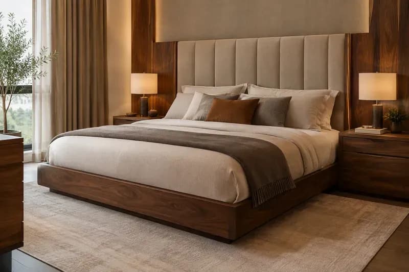 Solid wood bed frame with an upholstered headboard in a warm-toned bedroom