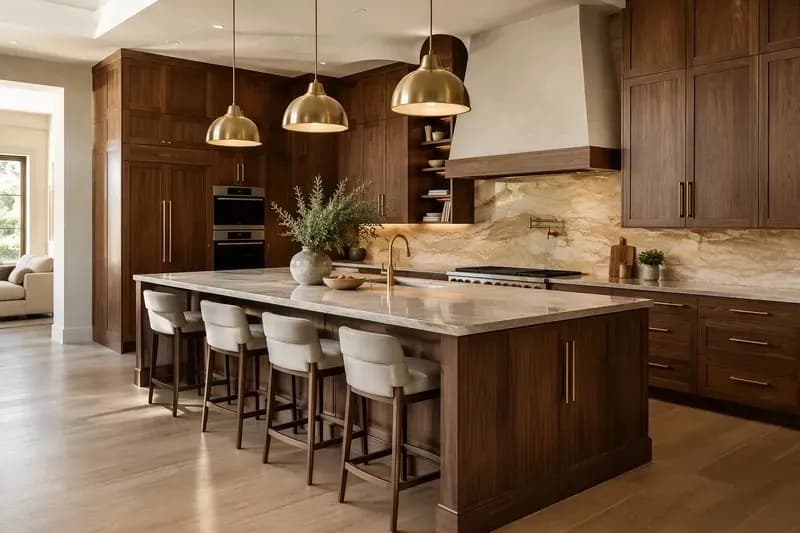 Walnut kitchen island with brass pendant lighting and a marble backsplash