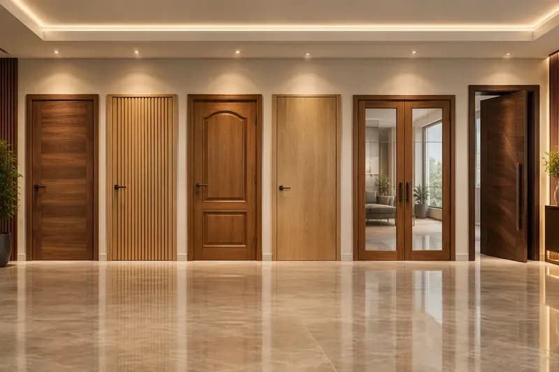 A row of solid wood interior doors of different styles in a hallway