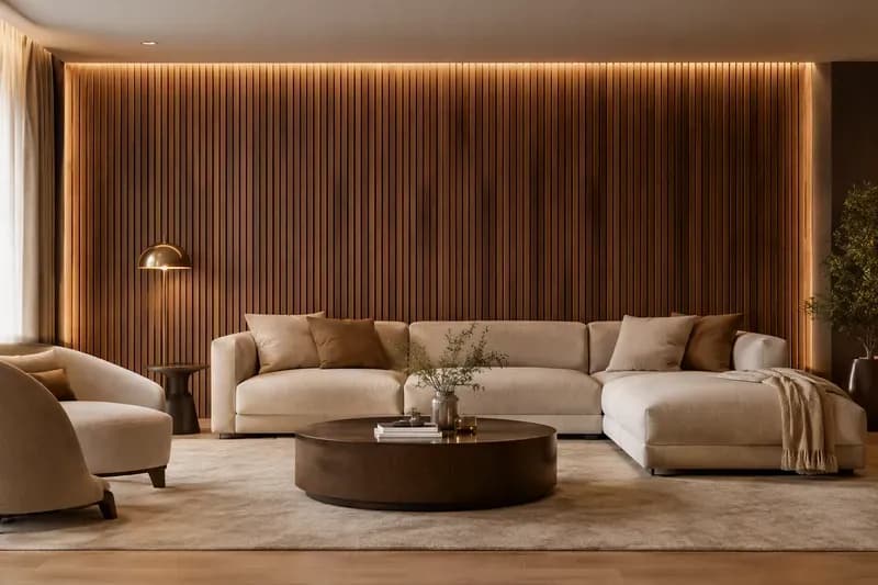 Living room with warm wood slat wall paneling, ambient lighting and a beige sectional sofa